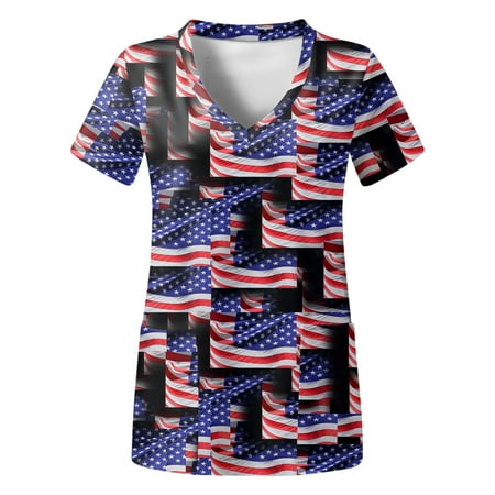 

Women Scrubs Top Independence Day V Neck Short Sleeve Printed T Shirt Nurses Clothes With Pocket Spring Summer Daily Nursing Uniforms Nursing Care Working Uniforms