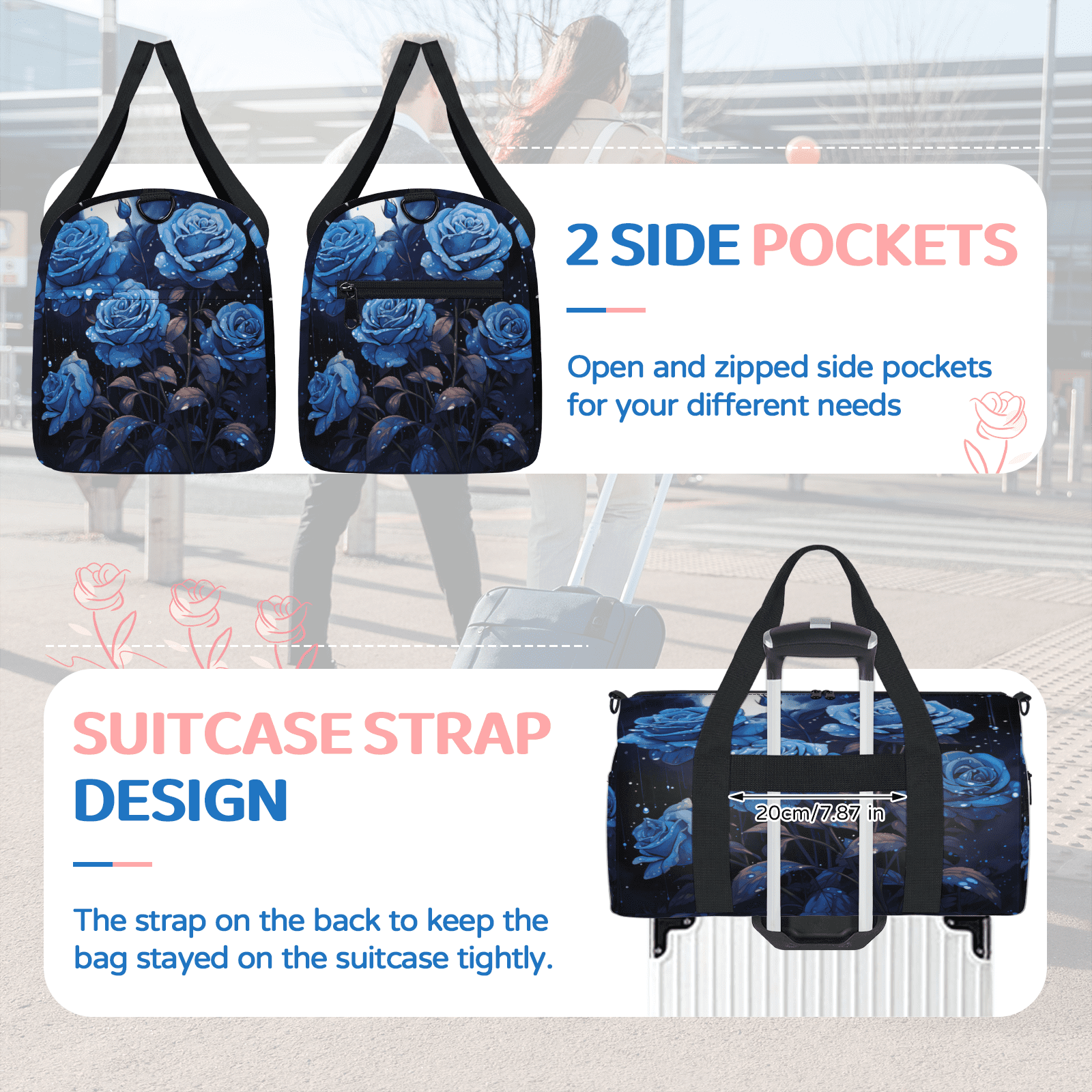 Herdesigns Blue Flower Travel Duffle Bag Sports Yoga Weekender Overnight Carry on Workout Bags Lightweight Waterproof Gym Tote Bag for Women