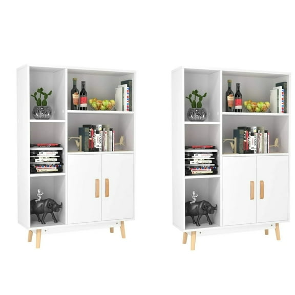 Homfa 5 Cube Bookcase with Door, Open Shelves Free Standing Storage Cabinet with Solid Legs, 2PCS, White