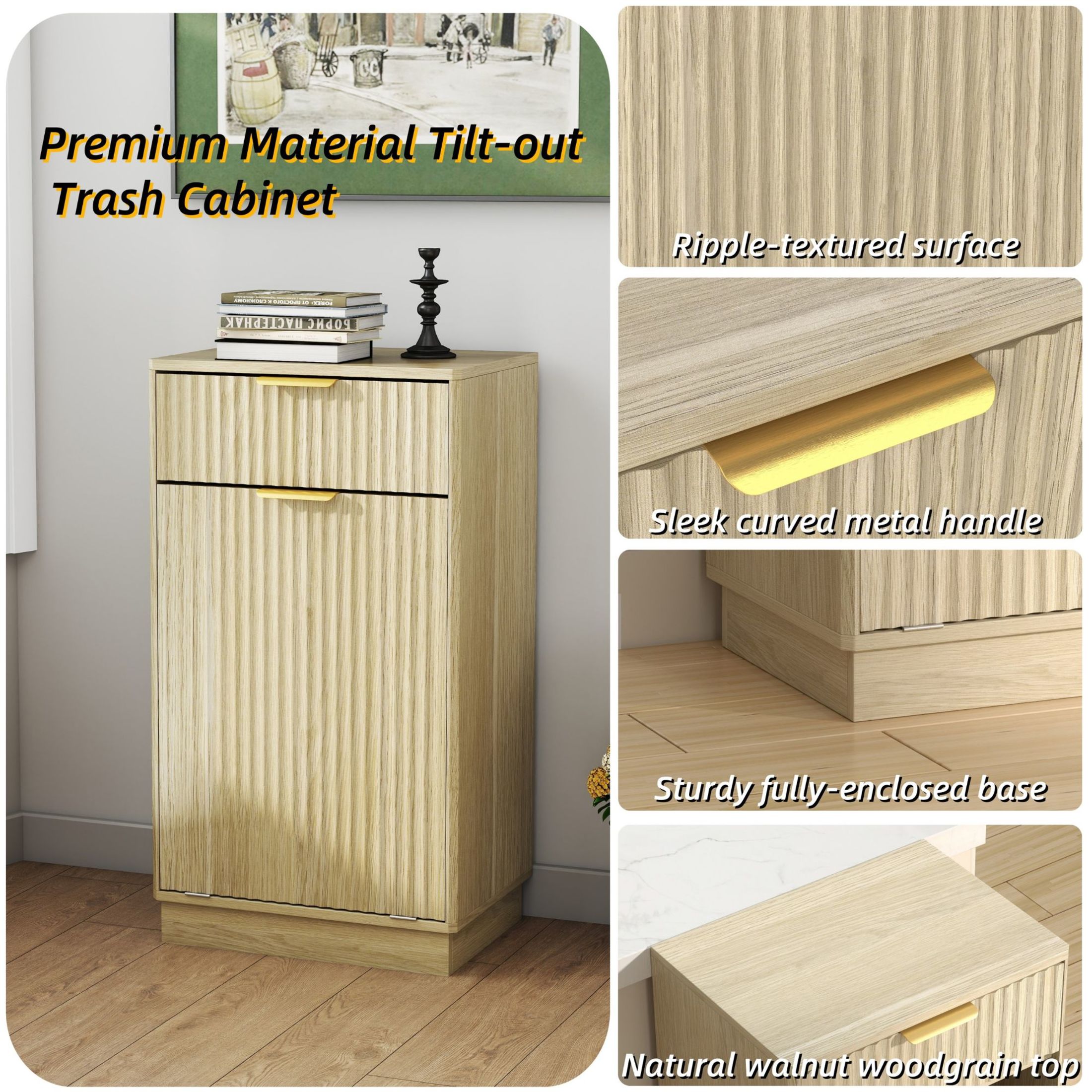 Noble House Great 10-Gallon Tilt-Out Trash Can Cabinet, Woodgrain Hidden Bin with Drawer for Kitchen, Bathroom, Oak