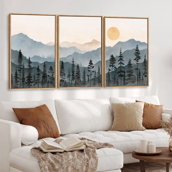 Nature Landsacpe Wall Art Boho Mountain Wall Decor Framed Pine Tree Wall Painting Sunrise Canvas Artwork Set of 3 For Living Room Bedroom and Office 24x36 In