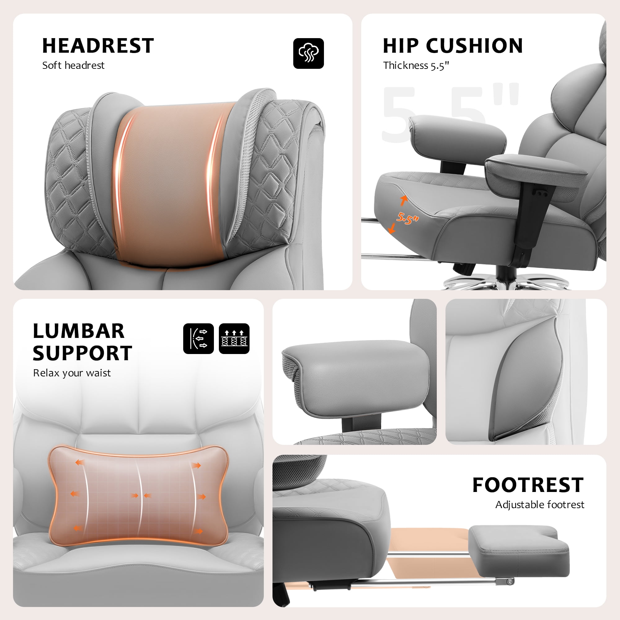 FASTES Office Chair, Big and Tall Desk Chairs with Footrest 400lbs Gaming Chair Ergonomic Executive High-Back Reclining Computer Chair Swivel Wheels and Padded Lumbar Support, Gray