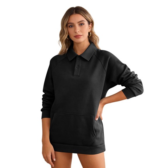 Stralyhd Womens Sweatshirts Loose Fit Polo Neck Long Sleeve Button Pullover Tops Fall Trendy Outfits Clothes Black XXL