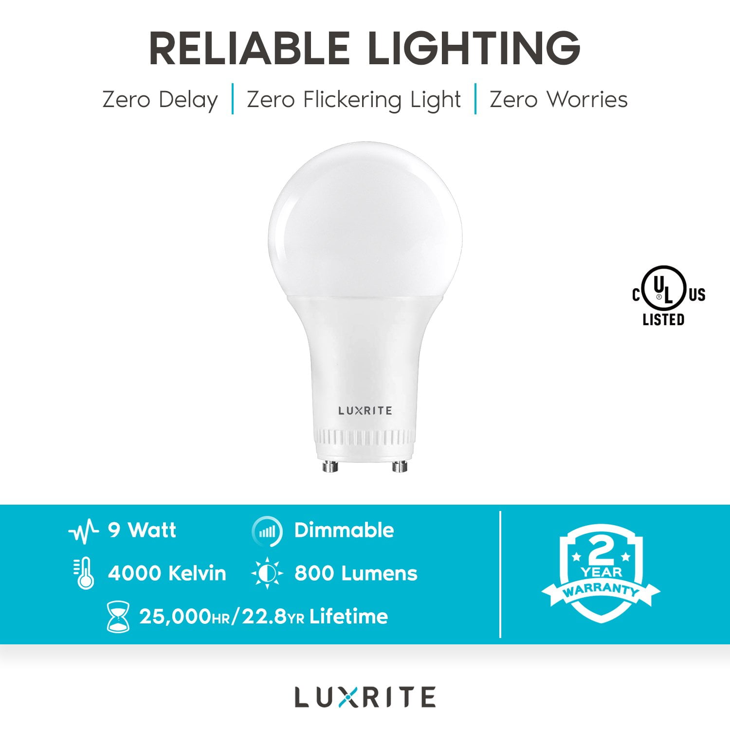 Luxrite A19 Dimmable LED Light Bulb, 60W Equivalent, 4000K Cool White, GU24, 4-Pack