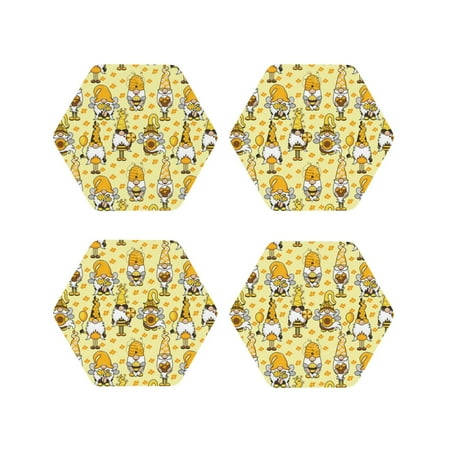 

Leather Coasters Set of 4 - Garden Honeybee Gnomes Lightweight Non-Slip Drink Coasters for Desk Anti-Scalding Desk Cup Coasters for Office Table Decor Hexagon