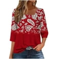 thumbnail image 2 of EchfiProm Funny Shirts for Women 3/4 Sleeve Red Pullover Floral Fashion Loose Fit Square Neck Shirts, 2 of 5