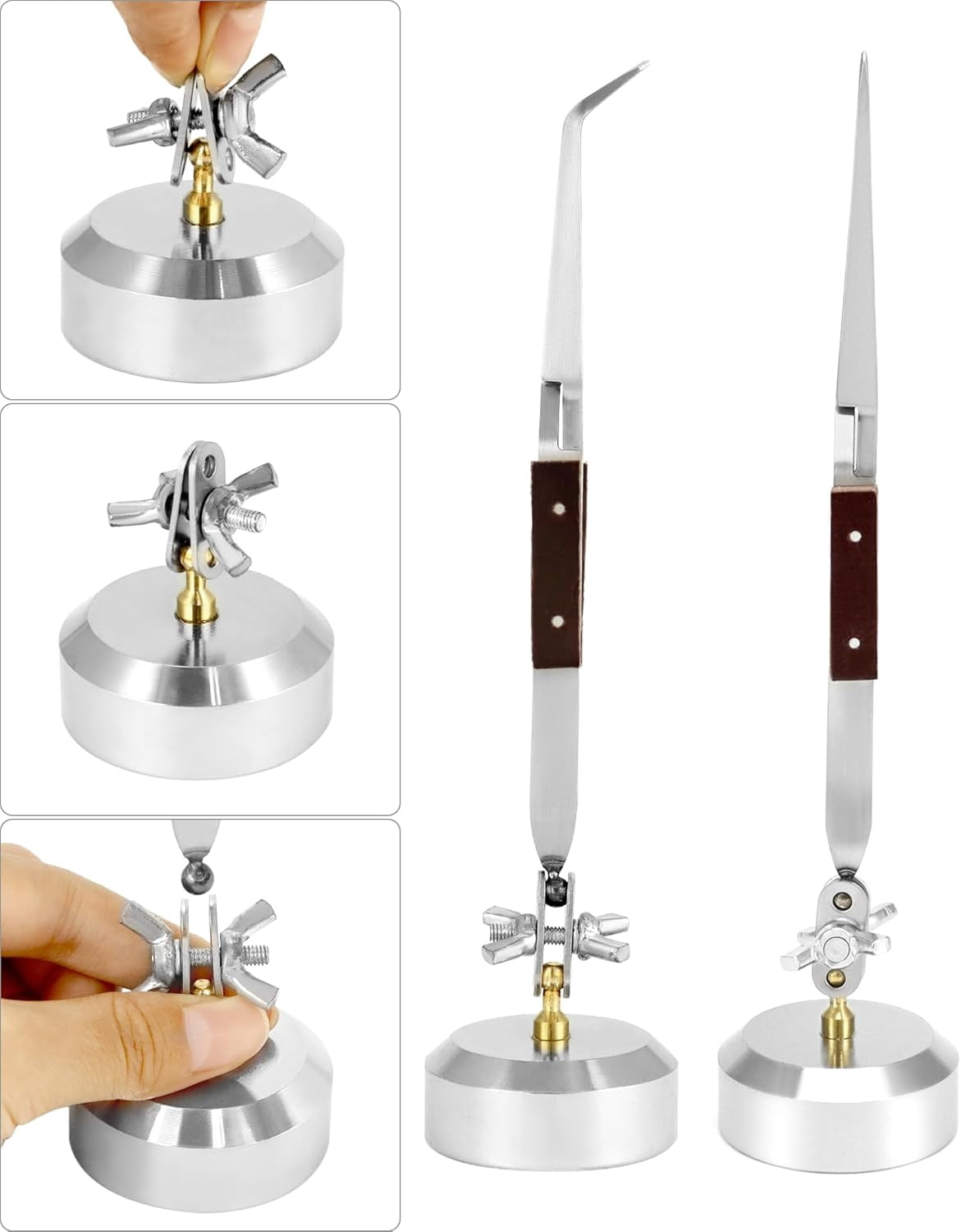 Third Hand Tweezers, 2 Pack (Straight + Curved) Cross Locking Jewelry Welding/Soldering Tweezers with Base 360°Rotation, Jewelry Making Repair Kit