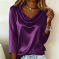 thumbnail image 3 of Women's Silk Satin Blouse Dressy Casual Cowl Neck 3/4 Length Sleeve Tops Business Work Shirts Light Purple M, 3 of 8