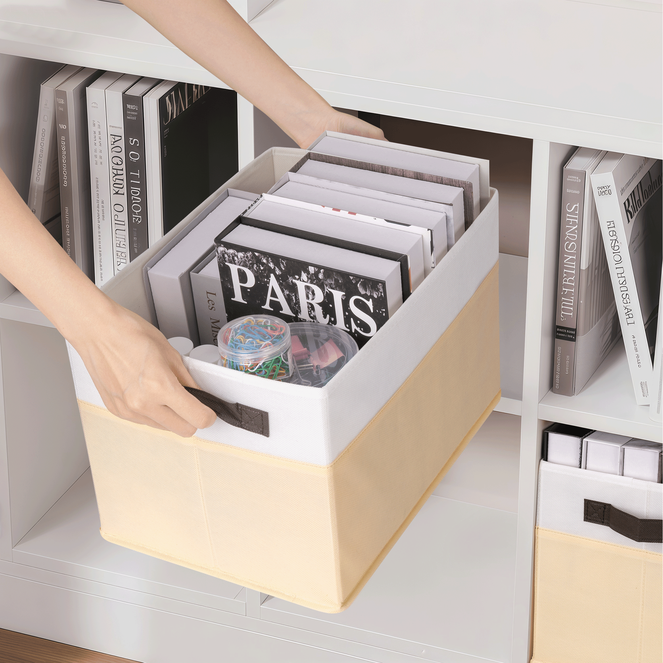 Criusia 6 Pack Large Cube Storage Bins for Shelves, Foldable Fabric Storage Cubes with Handles, Closet Organizers and Storage Bins for Clothes, Toys, Towels & Linen, Beige