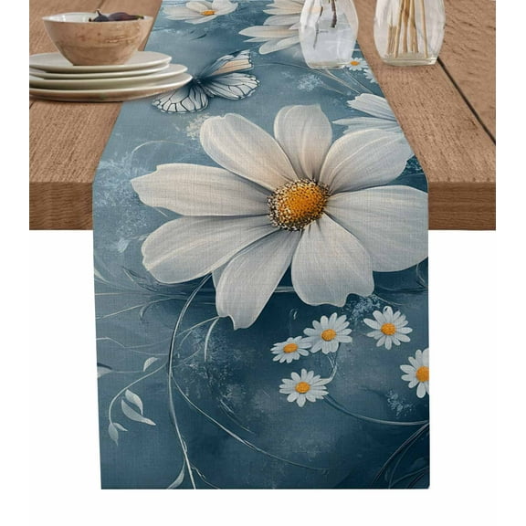 Hokiten Table Runners 48 Inches Long Dress Scarves, White Daisy Flowers Farmhouse Kitchen/Dining Table Runner, Short Coffee Tablerunners, Pastoral Modern Butterfly Botanical 13x48 Inch