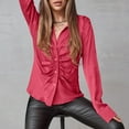 thumbnail image 4 of AherBiu Long Sleeve Shirts for Women Satin Tops Dressy Button down Lapel V Neck Ruched Ladies Blouse, 4 of 6