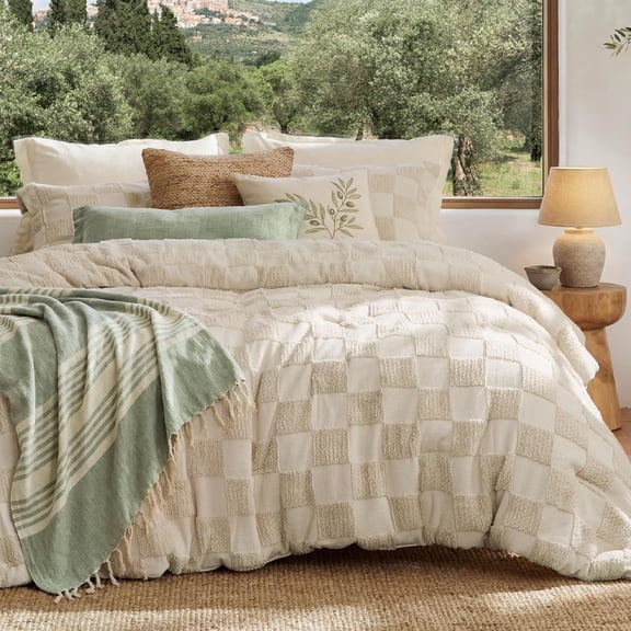 Queen Boho Vintage Plaid Comforter Set Beige 3-Piece Checked Farmhouse-Style Bed Set with Pillow Shams