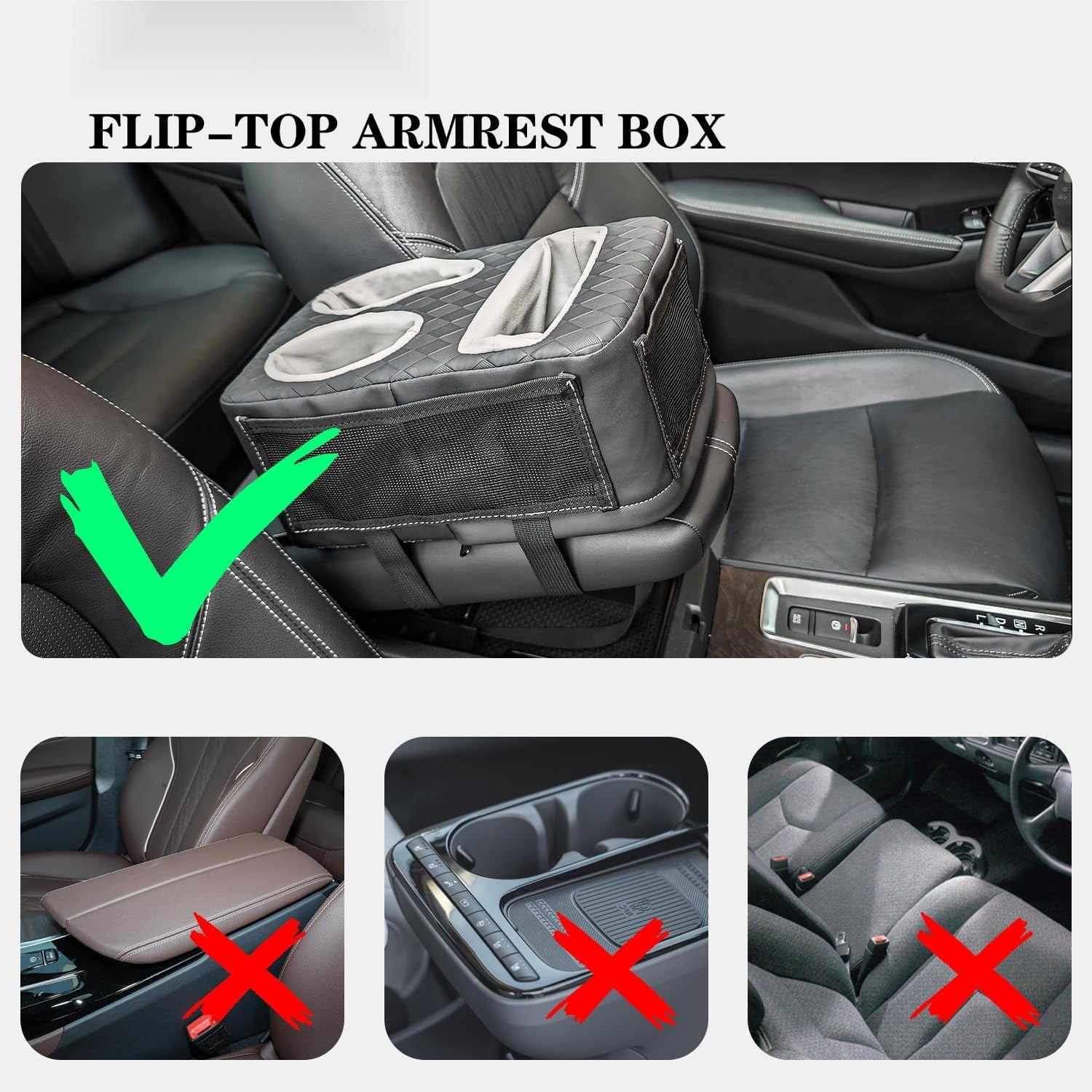Auto Center Console Cup Holder Organizer, Universal PU Leather Armrest Storage Box with Tissue Holder & Side Pockets, Multi-use for Car Front/Back Seat, Truck, RV, Boat