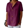 thumbnail image 5 of Yigetop Cotton Linen Tops for Women, Linen Shirts for Women Summer Cotton Linen V Neck Short Sleeve Tops Loose Vacation Beach Solid Blouses Tunic Tops Linen Tops for Women Loose Fit Hot Pink M, 5 of 10