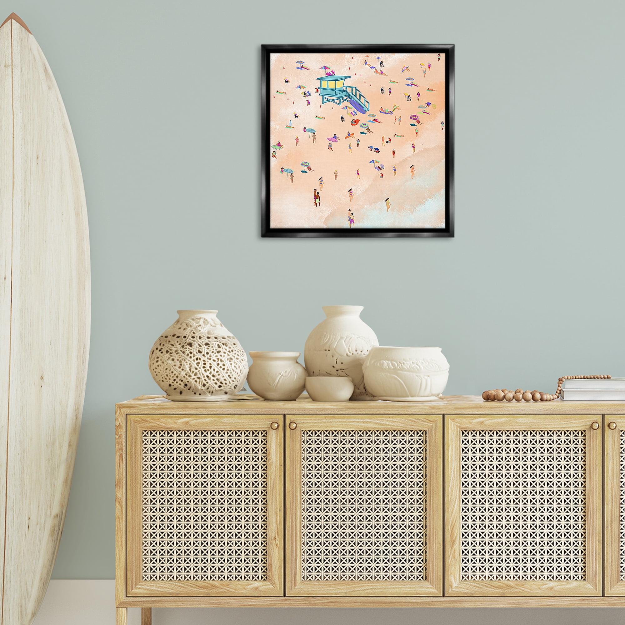 Stupell Industries Scatted Summer Beachgoers People Painting Black Floater Framed Canvas Art Print Wall Art, 25 x 25