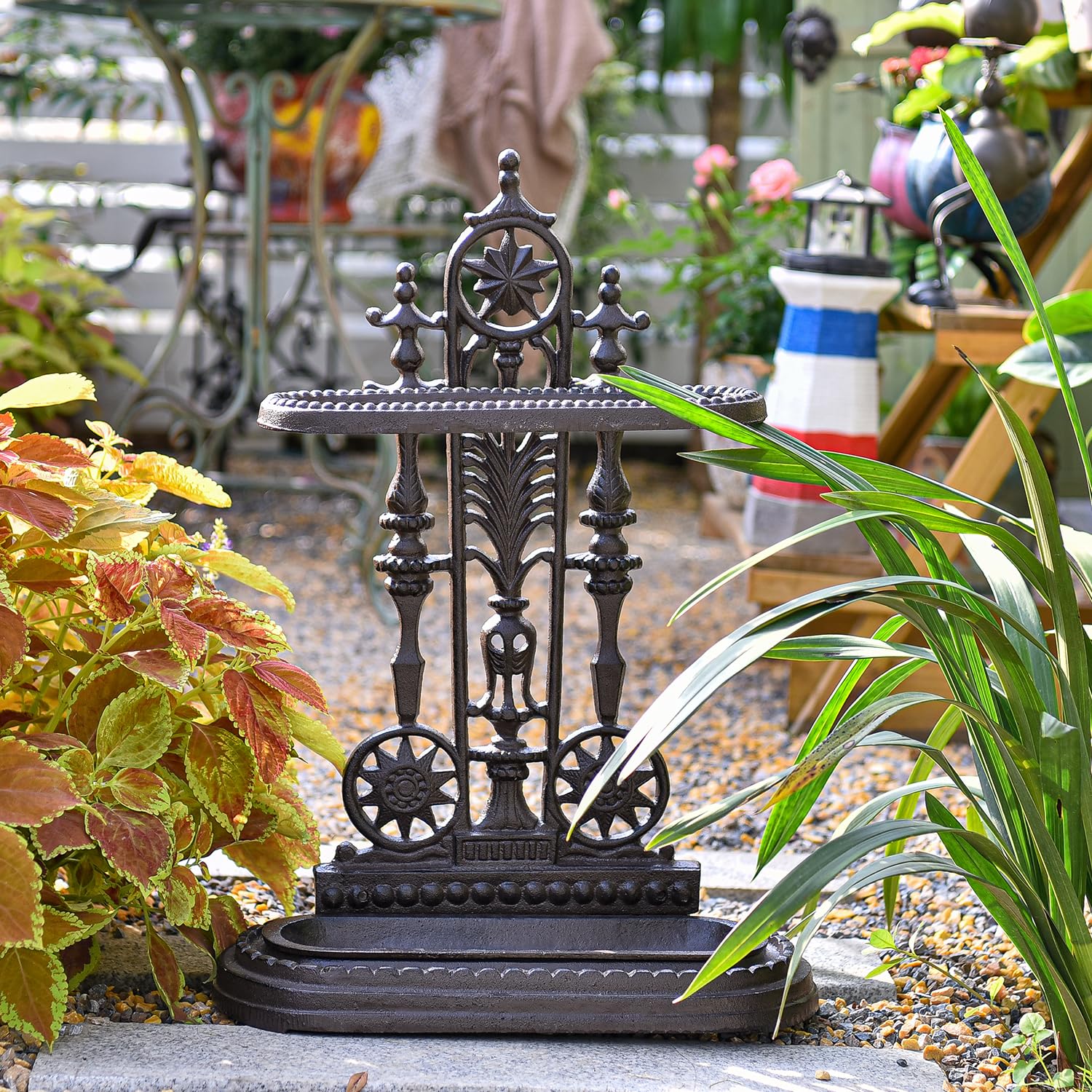 Sungmor Royal Style 1-Hook Cast Iron Umbrella Stand with Detachable Tray, Decorative Freestanding Umbrella Rack Organizer