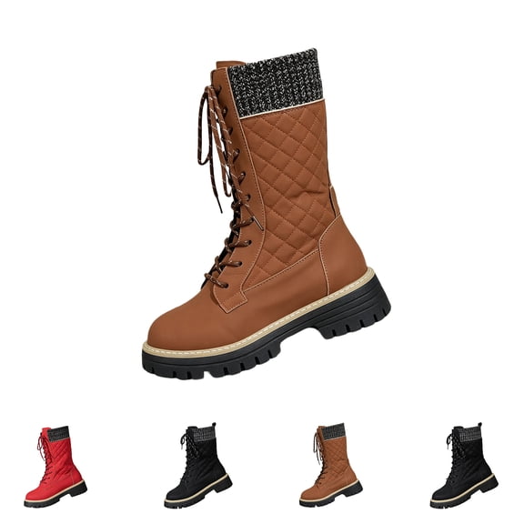 Womens Lace Up Mid Calf Boots Retro Quilted Knit Cuff Fleece Lined Platform Outdoor Daily Shoes