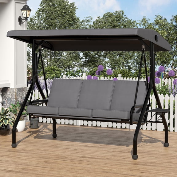 Senfot 3 Seat Outdoor Porch Swing, 2-in-1 Patio Swing Chair with Thickened Removable Cushions & Adjustable Canopy, Weather Resistant Steel Frame Outdoor Swing with Cup Holders for Backyard, Porch & G