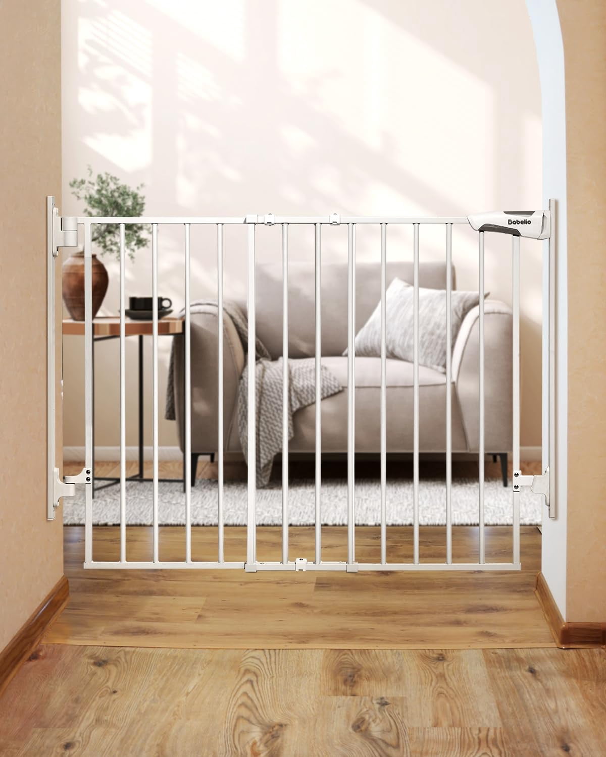 Gate for Stairs & Doorways, 26-43" W 34" H Extra Tall| No Bottom Bar| Easy Installation| One-handed Operation| Auto-close| Hardware Mount (Drill Needed) Safety Dog/Pet Gate Indoor (White)