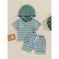 thumbnail image 2 of Suealasg Toddler Baby Boys Summer Outfits Clothes 6M 1T 2T 3T Infant Boys Short Sleeve Stripe Print Hooded T-Shirt Tops +Elastic Shorts 2Pcs Causal Clothing for Kids Boys, 2 of 9