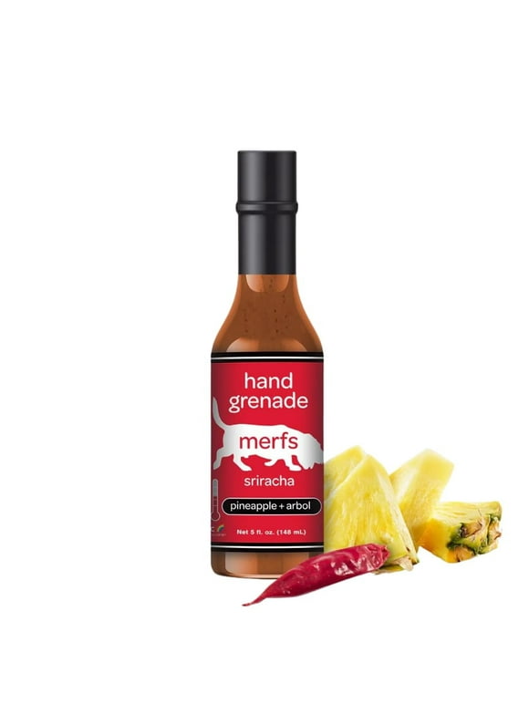 Merfs Condiments Hand Grenade Sriracha | Medium Heat | Sweet & Spicy Notes - Pineapple + Arbol Chiles | All Natural, Preservative Free, Vegan, Sugar Free, Paleo & Keto Friendly | 5 Fl Oz (1 bottle)