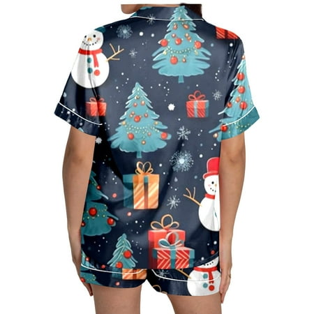 JIANJIA Womens Pajama Sets Christmas Snowman Print Silk Satin Lapel Short Sleeve Tops With Shorts Sleepwear Homewear