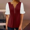 thumbnail image 2 of Plebaso Hauts d'Été pour Femmes Patchwork Dentelle Manches Courtes Tunique Décontractée Boutonnée Col en V Blouses Habillées, 2 of 6