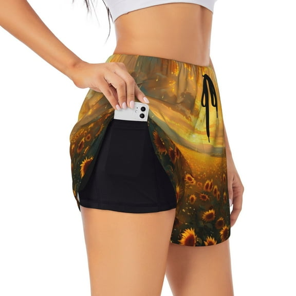 Rateoe Sunflower Sunset Rainfall Printed 2 in 1 Women's Workout Shorts for Athletic Gym Running Shorts with Phone Pockets-Small