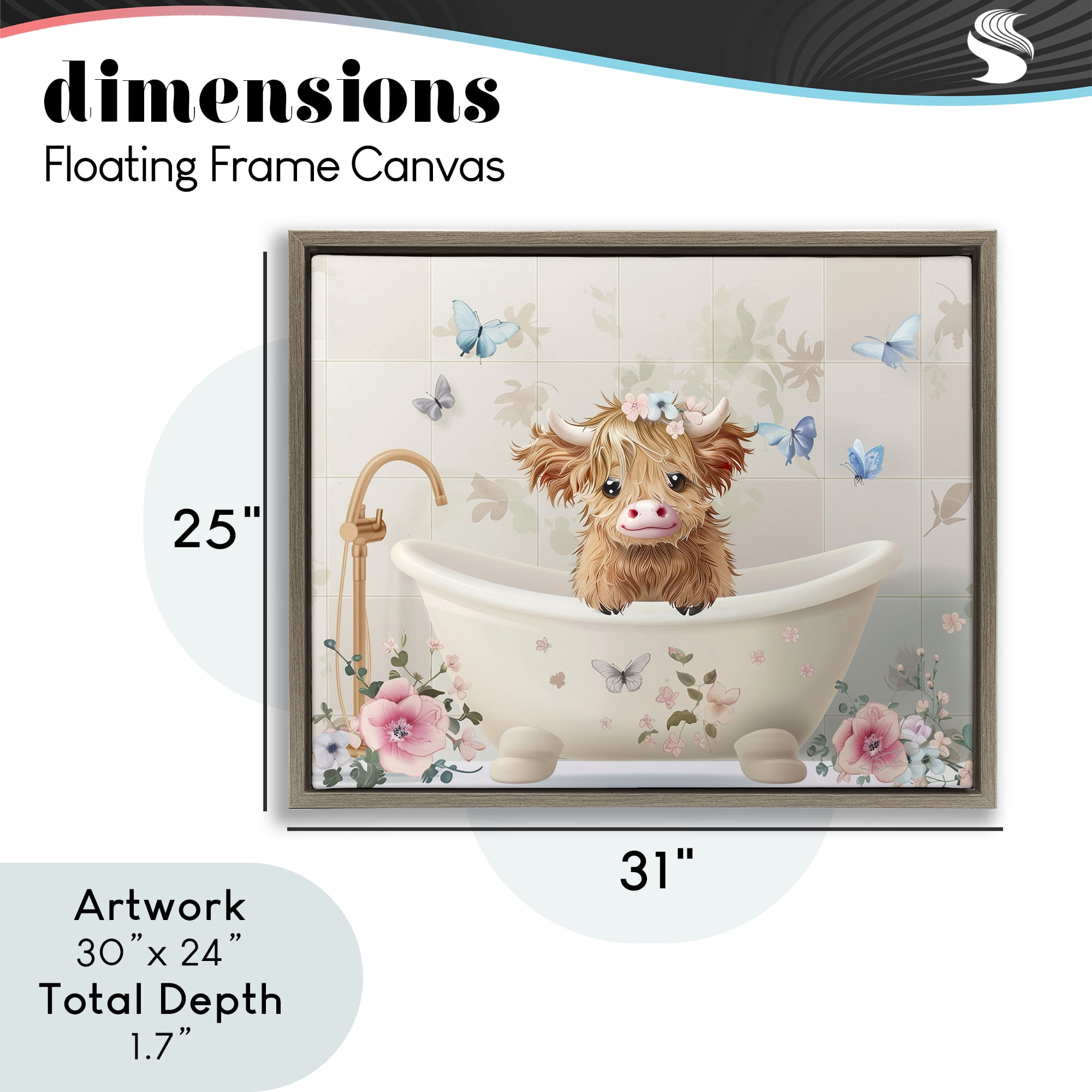 Baby Cattle in Floral Tub Brown Framed Floater Canvas Wall Art, design by Shawna Stewart