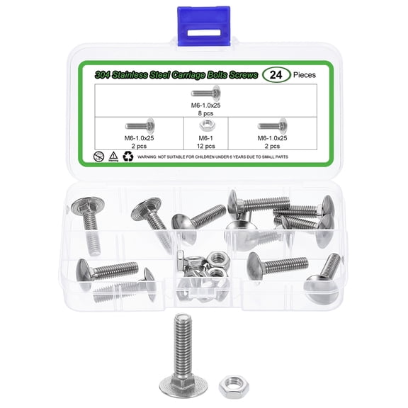 12 Set Carriage Bolts and Nuts Kit, M6-1.0x25 Stainless Steel 304 Round Head Square Neck Carriage Bolts Screws and Hex Nuts - Silver