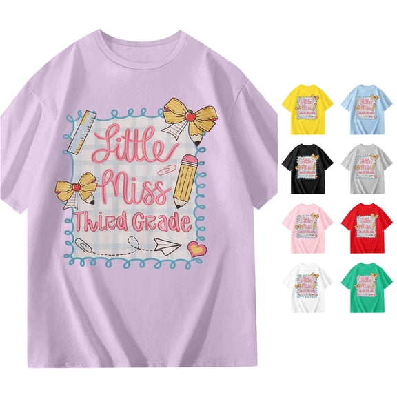 SGMVNU Girls Third Grade T Shirts Short Sleeve Crew Neck Relaxed Fit Graphic Shirt Tops Back to School Clothes, Size 9-10 Years, Purple