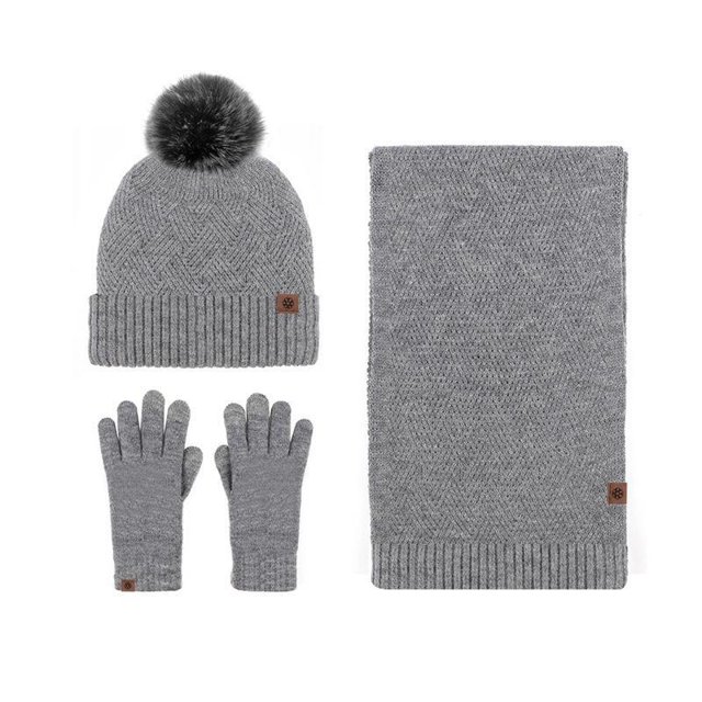 Guantes cálidos de punto de lana, gorro, bufanda, traje de tres piezas, bola de pelo a prueba de viento para invierno, gorro de punto con forro polar, traje de tres piezas