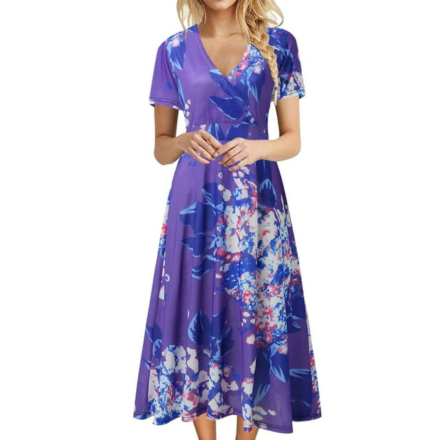 DEBGFS Robes d'Été pour Femmes Boutonnées avec Poches Grande Taille Bohème Décontractée Longue Robe Maxi Imprimé Floral Manches Courtes Col en V Longueur sous le Genou Évasée Ligne A Maison Ample Robes Soleil