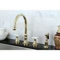 thumbnail image 2 of Kingston Brass KS2792PXBS Governor Double-Handle 4-Hole Widespread Kitchen Faucet with Brass Sprayer in Polished Brass, 2 of 6