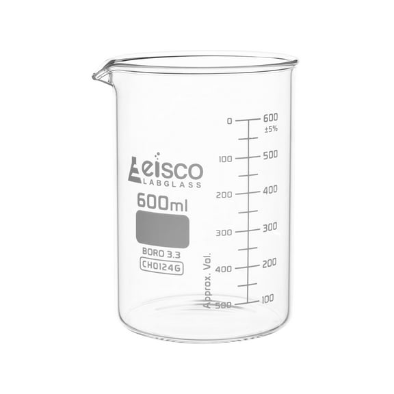 Beaker, 600ml - ASTM - Low Form with Spout - Dual Scale, White Graduations - Borosilicate 3.3 Glass - Eisco Labs