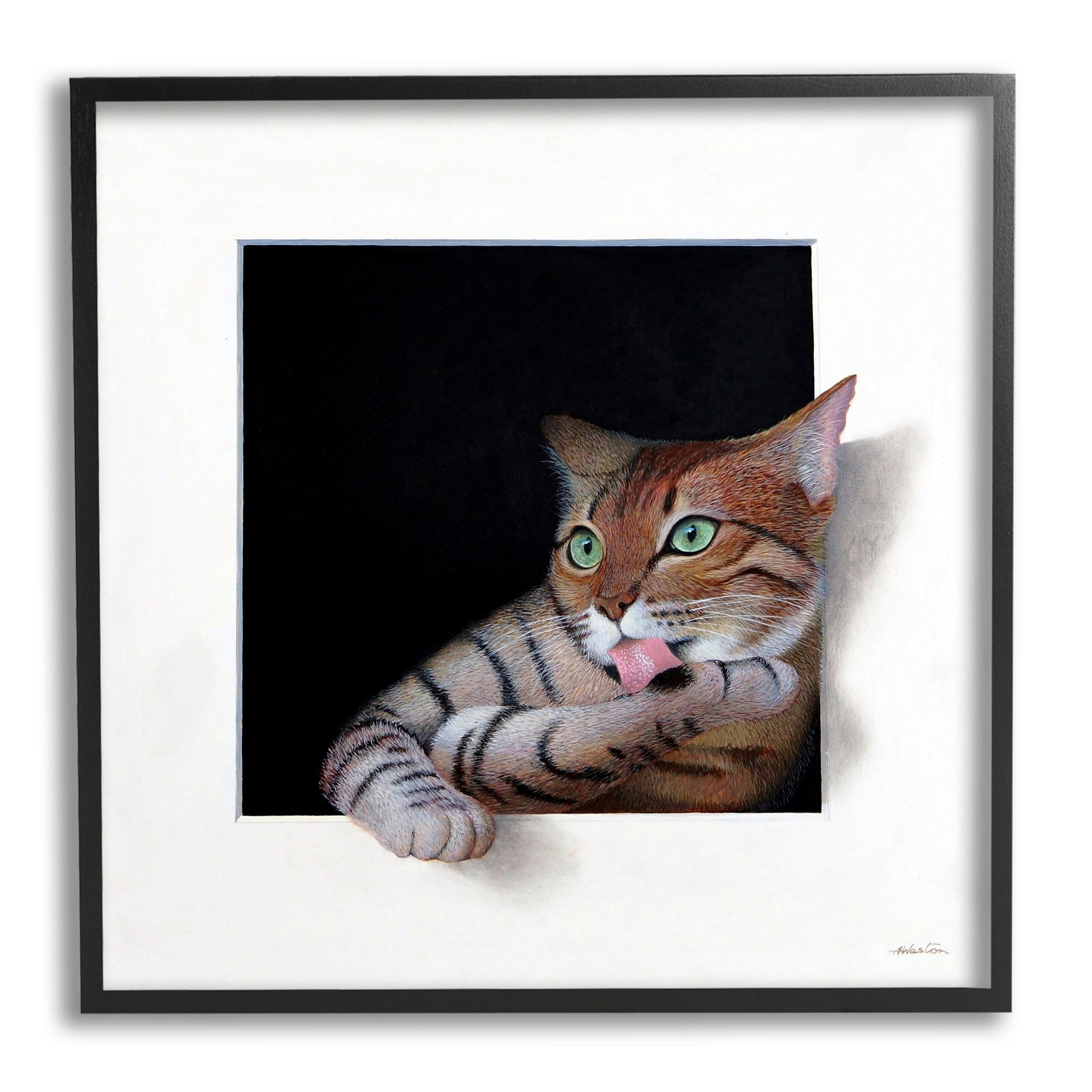 Stupell Industries Manx Cat Grooming Green Eyes Optical Illusion Painting Black Framed Art Print Wall Art, Design by Alan Weston