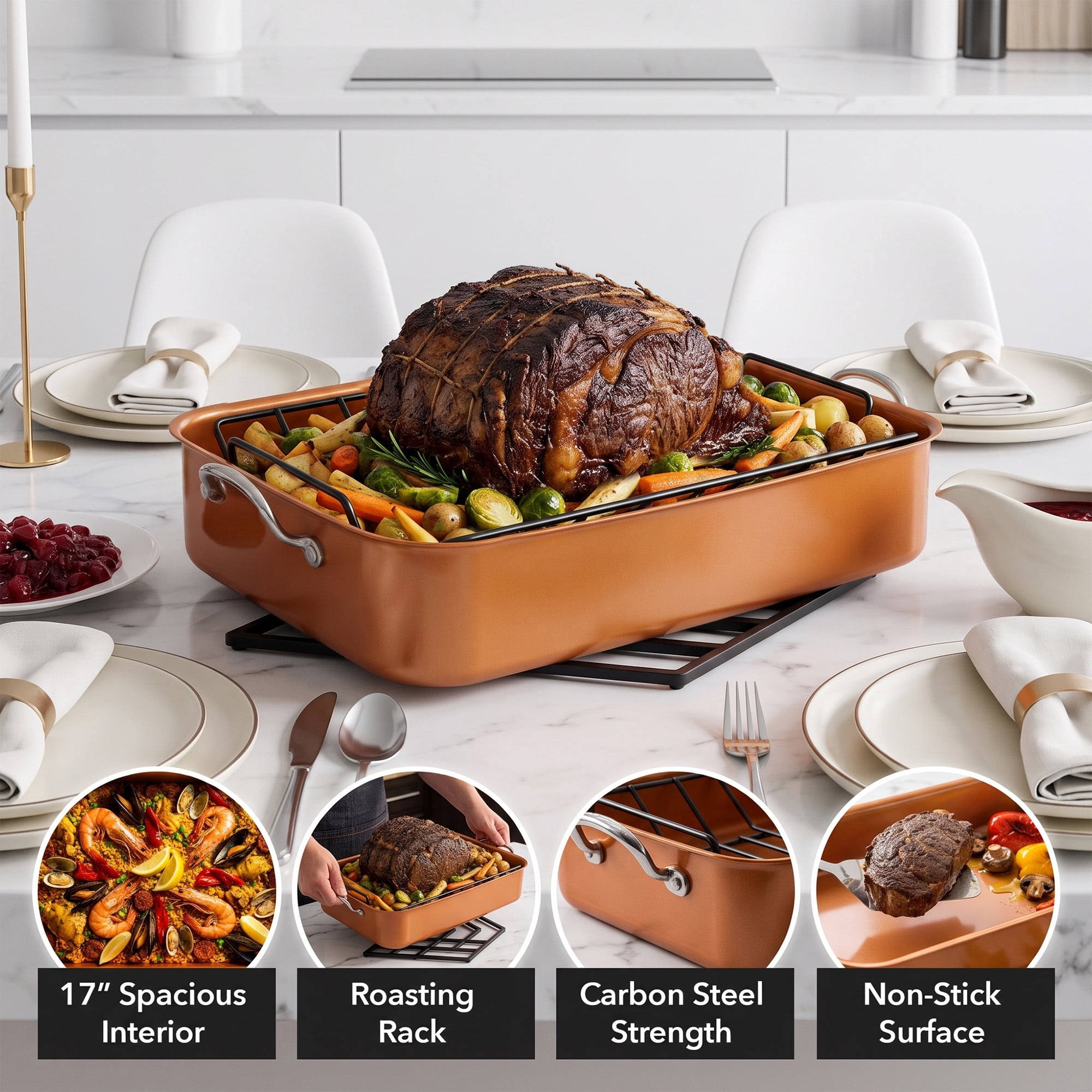 OVENTE 17" Carbon Steel Roasting Pan with V-Shape Rack, Copper CWR30820CO | Heavy-Duty Nonstick Rectangular Turkey Roaster for Chicken, Beef, Ham and Lasagna, Dishwasher Safe