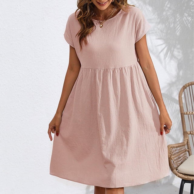 Robe d'Été pour Femmes, Robe d'Été Décontractée pour Femmes, Robe d'Été en Coton et Lin Mi-Longue Couleur Unie Manches Courtes Col Rond