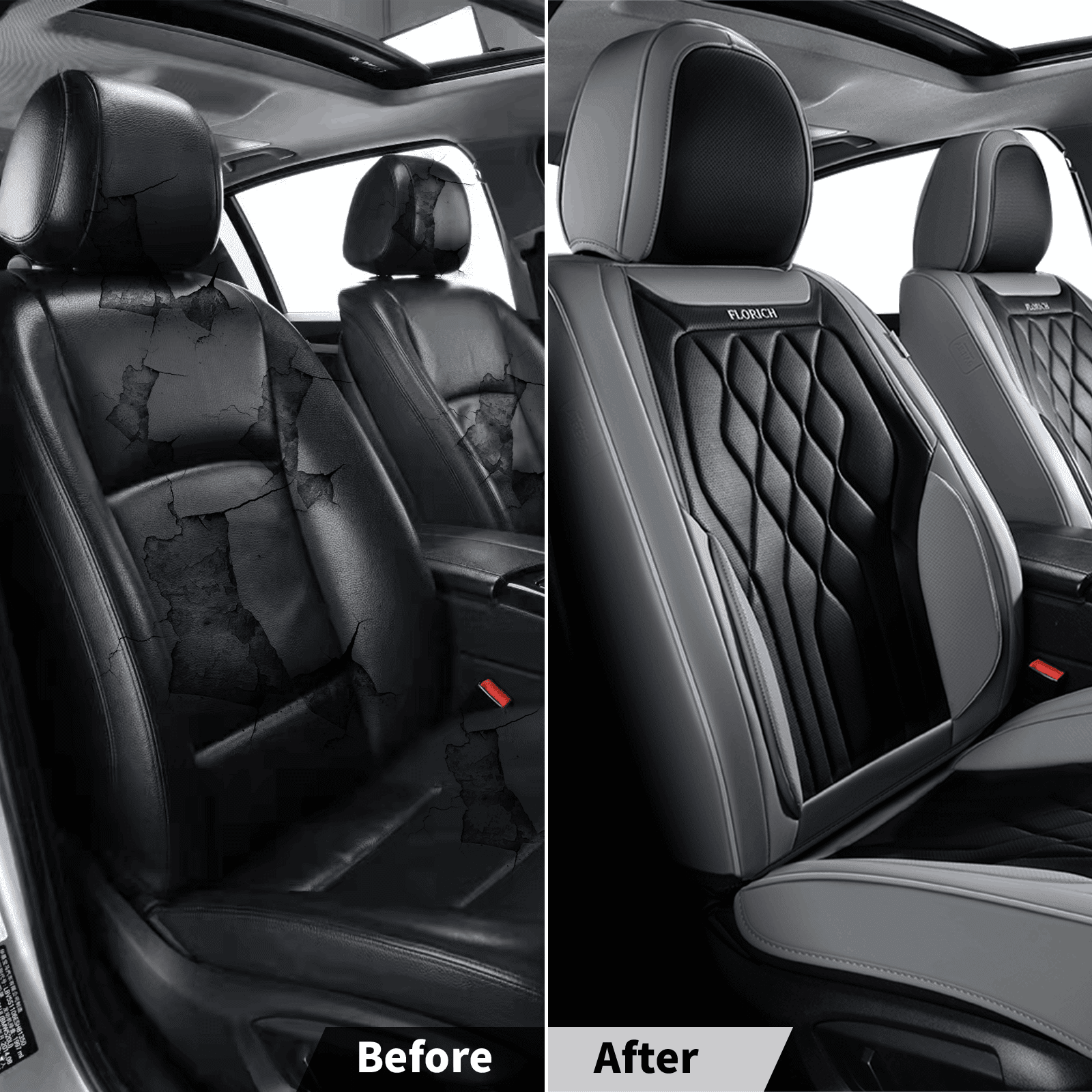 FLORICH Universal Car Seat Covers Front Pair, Waterproof Faux Leather Seat Protectors, Automotive Interior Cushions Fit for Most Cars SUV Trucks, Black & Gray