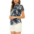 thumbnail image 4 of INSPIRE CHIC Women's Ruffle Neck Short Sleeve Keyhole Back Chiffon Floral Blouses XS Dark Blue, 4 of 6