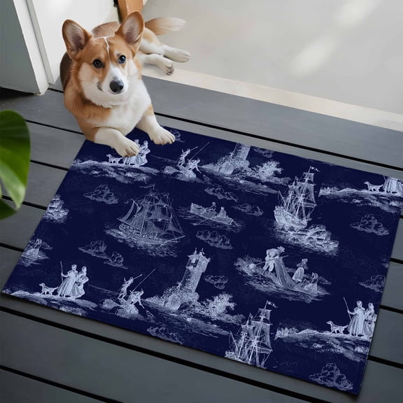 Vintage Farmhouse Ocean Washable Entry Rug 2x3 Country Nautical Blue Sea Ships Castles Map Low Pile Indoor Door Mat with Rubber Backing Thin Area Rug for for Entrance, Bedroom, Kitchen, Bathroom