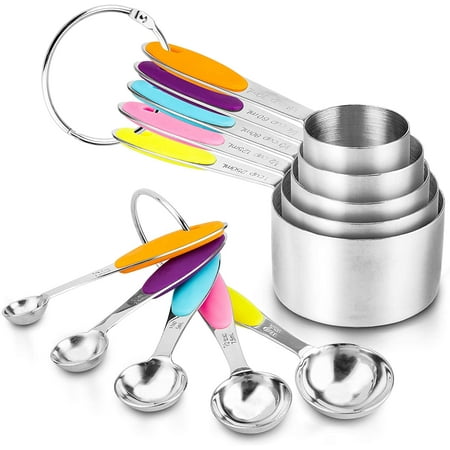 

Measuring Cups and Spoons Set 10 Piece Stainless Steel Measuring Spoons and Cups with Soft Silicone Handles and Clearly Scale