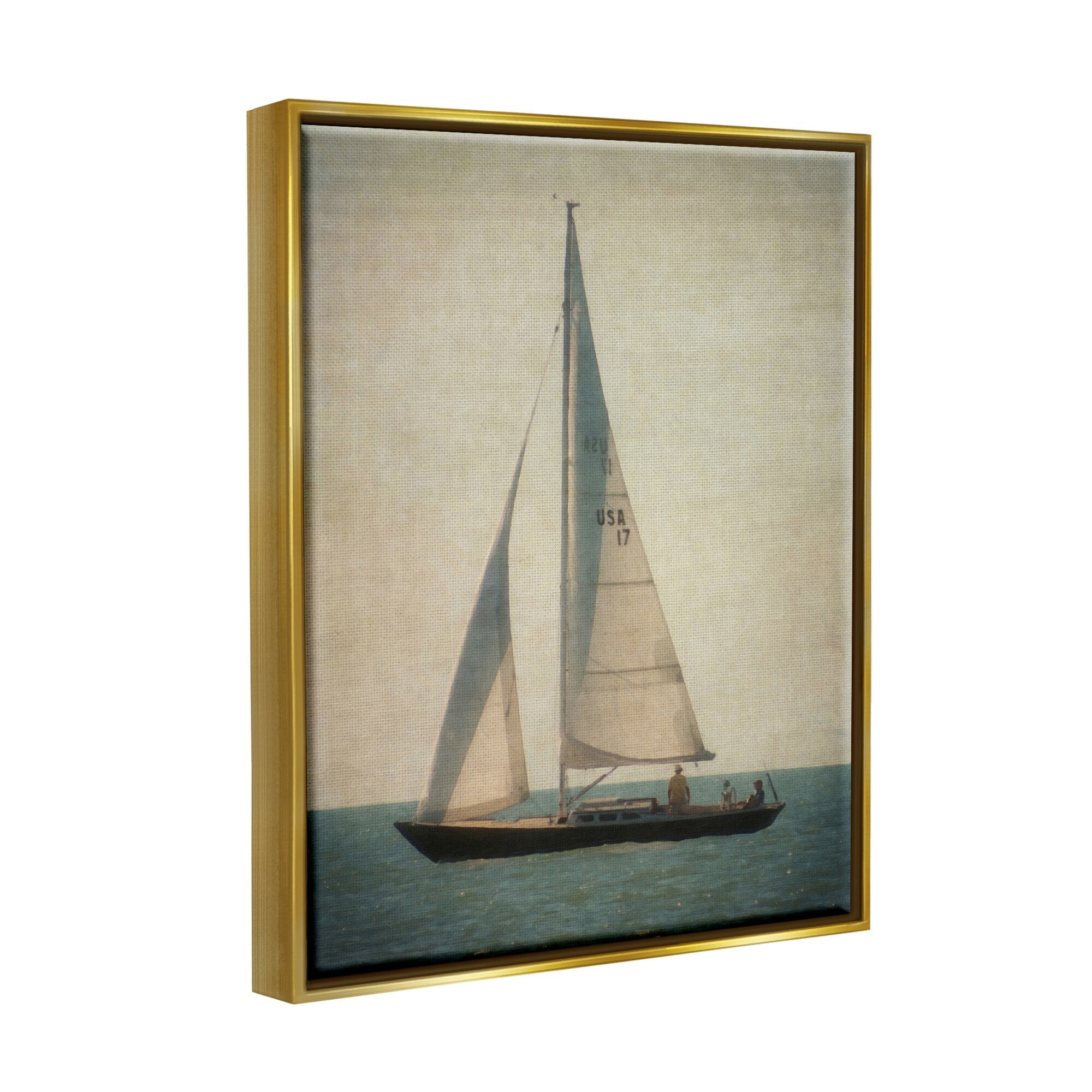 Stupell Industries Lone Sailboat People Relaxing Quiet Ocean Landscape Painting Metallic Gold Floating Framed Canvas Print Wall Art, Design by Graffitee Studios
