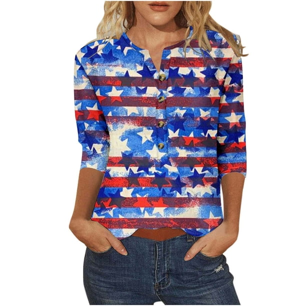 Camiseta Casual Suelta Del Botón Impreso Del Día de la Independencia de la Mujer de Manga Superior de 3/4 para el Hogar Y el Uso Diario
