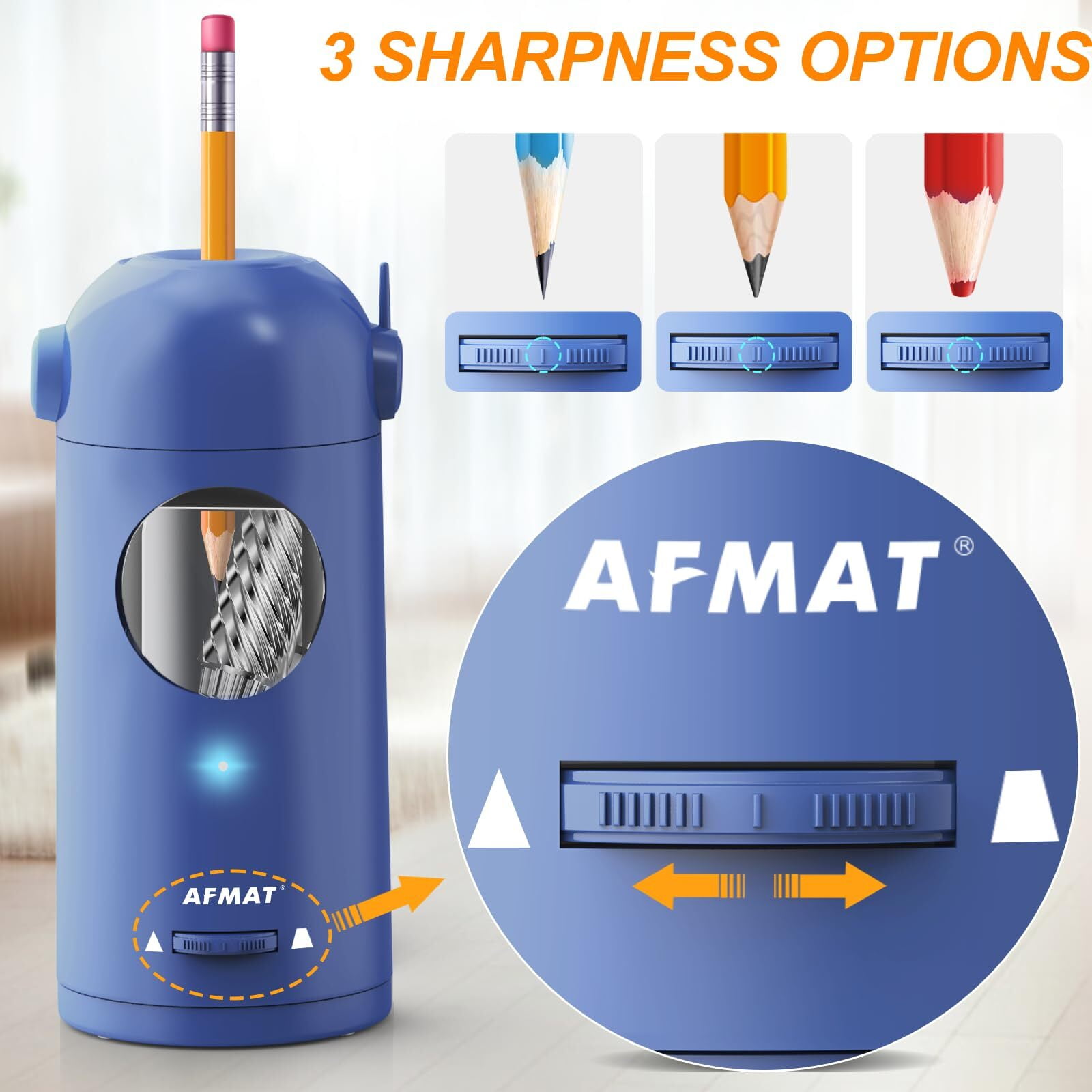 AFMAT Electric Pencil Sharpener, Fully Automatic Pencil Sharpener for Colored Pencils 7-11.5mm, Auto in & Out, Rechargeable Hands-Free Pencil Sharpener for Large Pencils, Blue