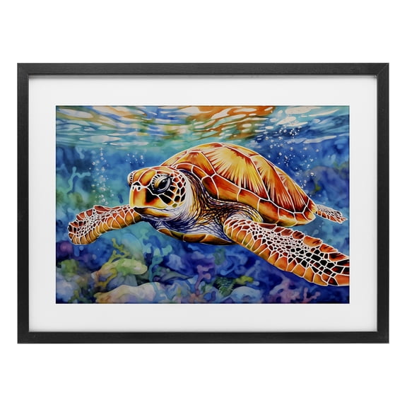 Stupell Industries Contemporary Brown Sea Turtle Under Surface Black Framed Print Under Glass, 20 x 14, by LSR Design Studio