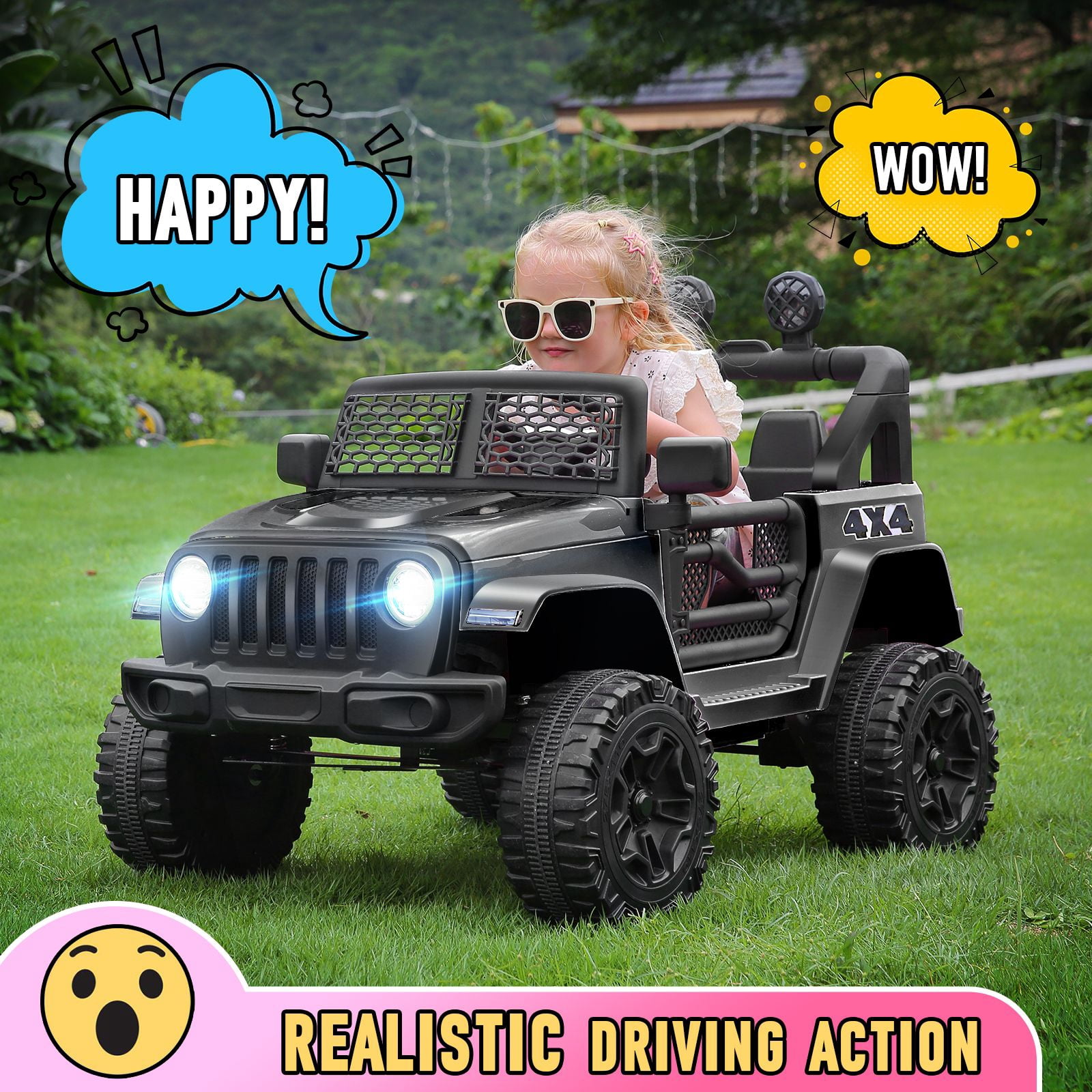 Funcid 12V 7AH Kids Powered Ride on Truck Car with Parent Remote Control, Bluetooth Music, Spring Suspension, LED Lights - Black