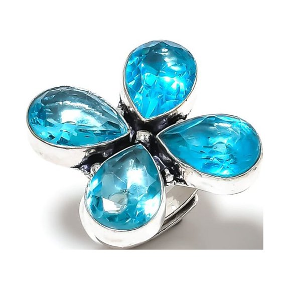 Natural Blue Topaz Gemstone Handmade 925 Sterling Silver Ring Size 8