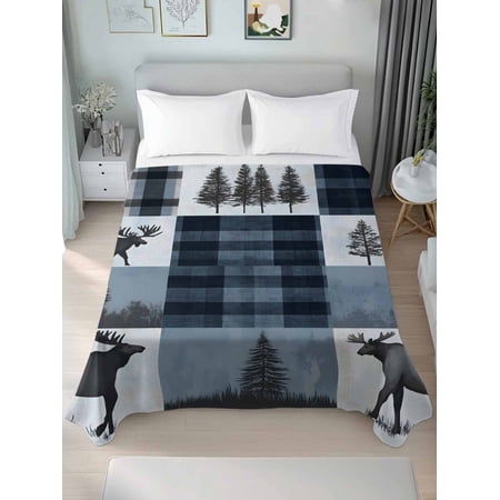Navy Blue Plaid King Size Flat Sheet, Wrinkleproof & Fadeproof Cooling Flat Bed Sheet Only, Farmhouse Animals Tree Vintage Breathable Soft Bedding Top Sheets 105 x 98 Inches