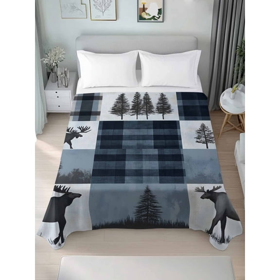 Navy Blue Plaid King Size Flat Sheet, Wrinkleproof & Fadeproof Cooling Flat Bed Sheet Only, Farmhouse Animals Tree Vintage Breathable Soft Bedding Top Sheets 105 x 98 Inches